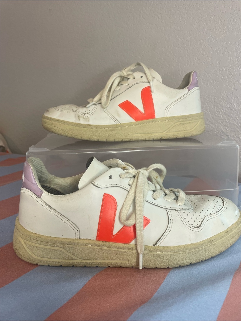 Veja V-10 White Sneakers with Neon Coral V x madewell